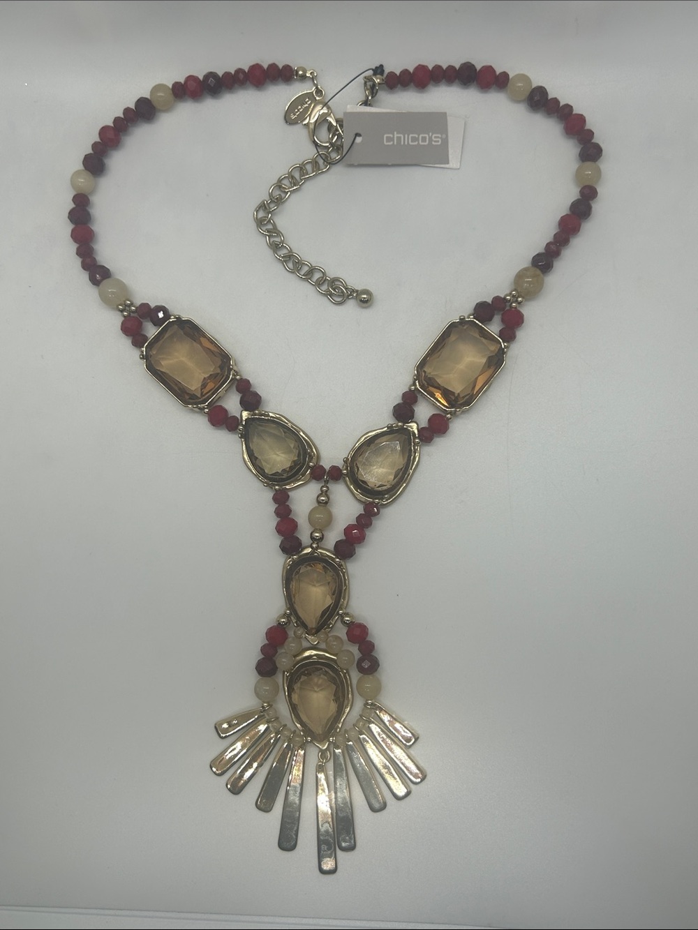 Chico's Gold-Tone Y Necklace with Red and Cream Beads and Fringe Pendant